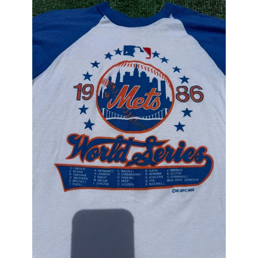 Rare New York Mets Official 1986 World Series Ringer T-shirt youth size medium